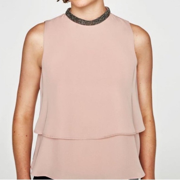 Zara Sleeveless Tiered Blouse with Beaded Collar - Picture 1 of 14